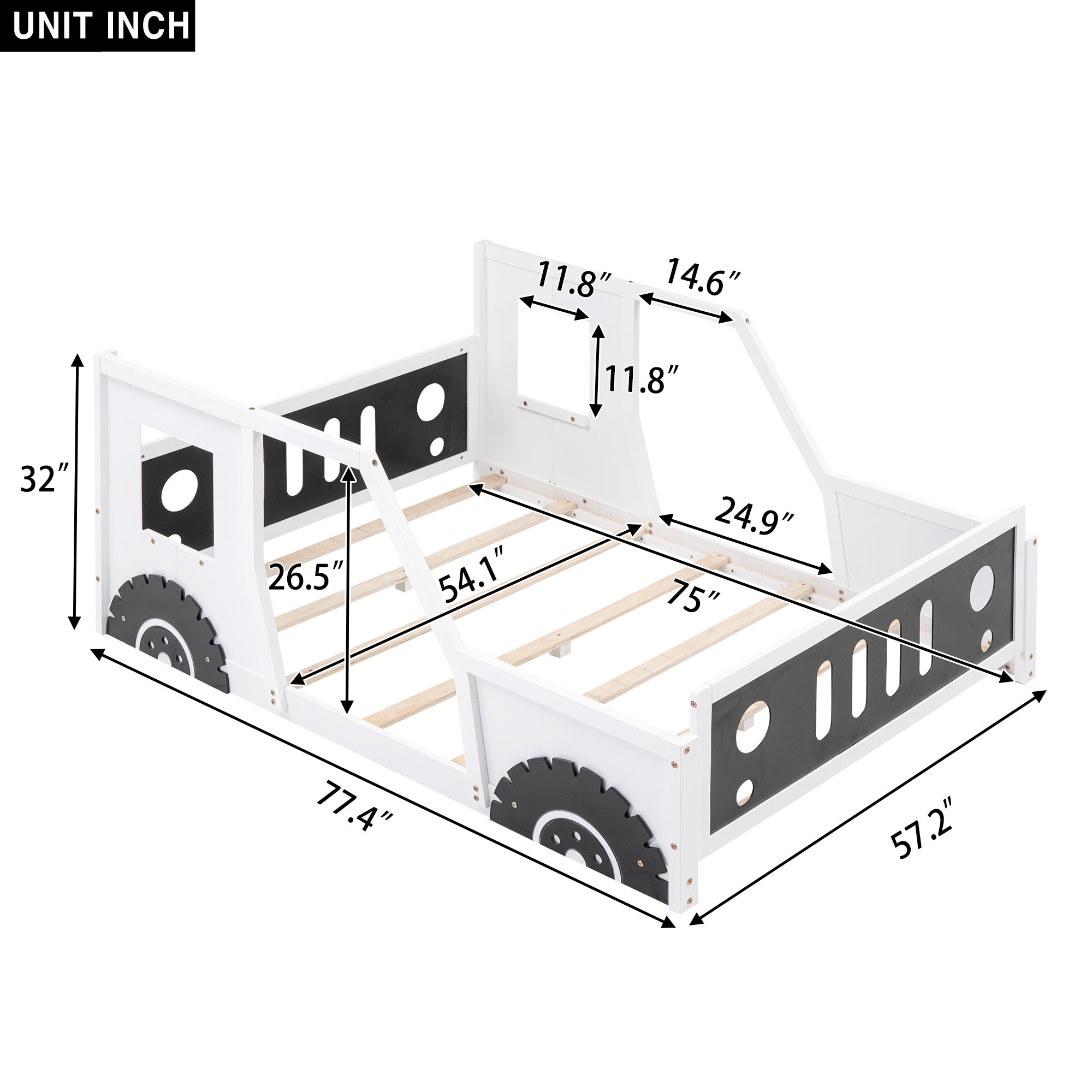 HAOYYE Full Size Classic Car-Shaped Platform Bed with Wheels,White Sturdy Space-Saving Heavy Duty Modern Design Adults Dorm Room Easy Assembly Bedroom Furniture