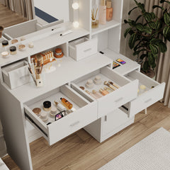 HAOYYE The white vanity with a mirror is equipped with a hair dryer rack, while the vanity in the bedroom and dressing room comes with a dressing pad