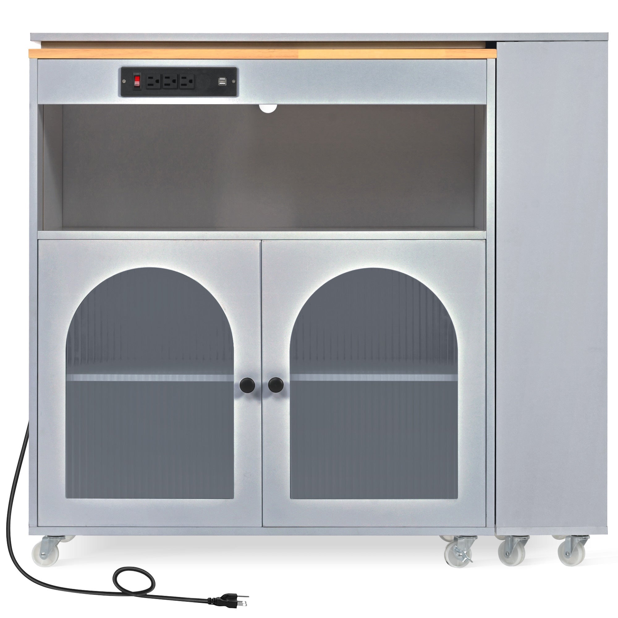 HAOYYE K&K Rolling Kitchen Island With Extended Table, Kitchen Island on Wheels with LED Lights,Power Outlets and 2 Fluted Glass Doors, Kitchen Island with a Storage Compartment and Side 3 Open Shelves, Grey