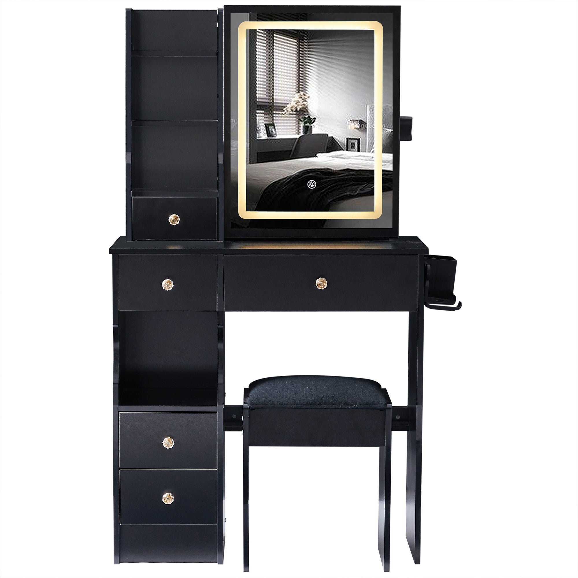 HAOYYE Small Size Left Drawer Desktop Vanity Table + Cushioned Stool, 2 AC+2 USB Power Station, Hair dryer bracket, Extra Large Touch Control Sliding LED Mirror, Tri-color Switching, EPA,GCC,UL Certificate