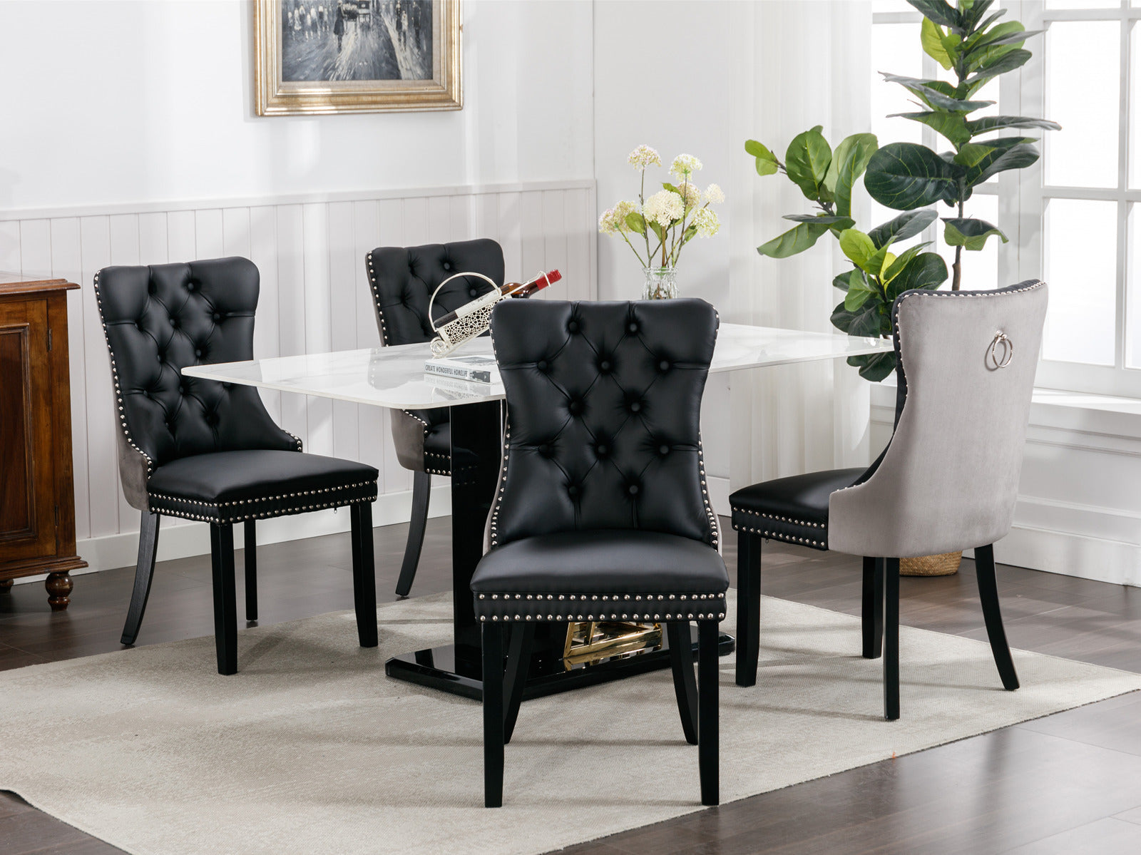 HAOYYE Nikki Collection Modern, High-end Tufted Solid Wood Contemporary PU and Velvet Upholstered Dining Chair with Wood Legs Nailhead Trim 2-Pcs Set lack+Gray, SW2101BG Sturdy Space-Saving