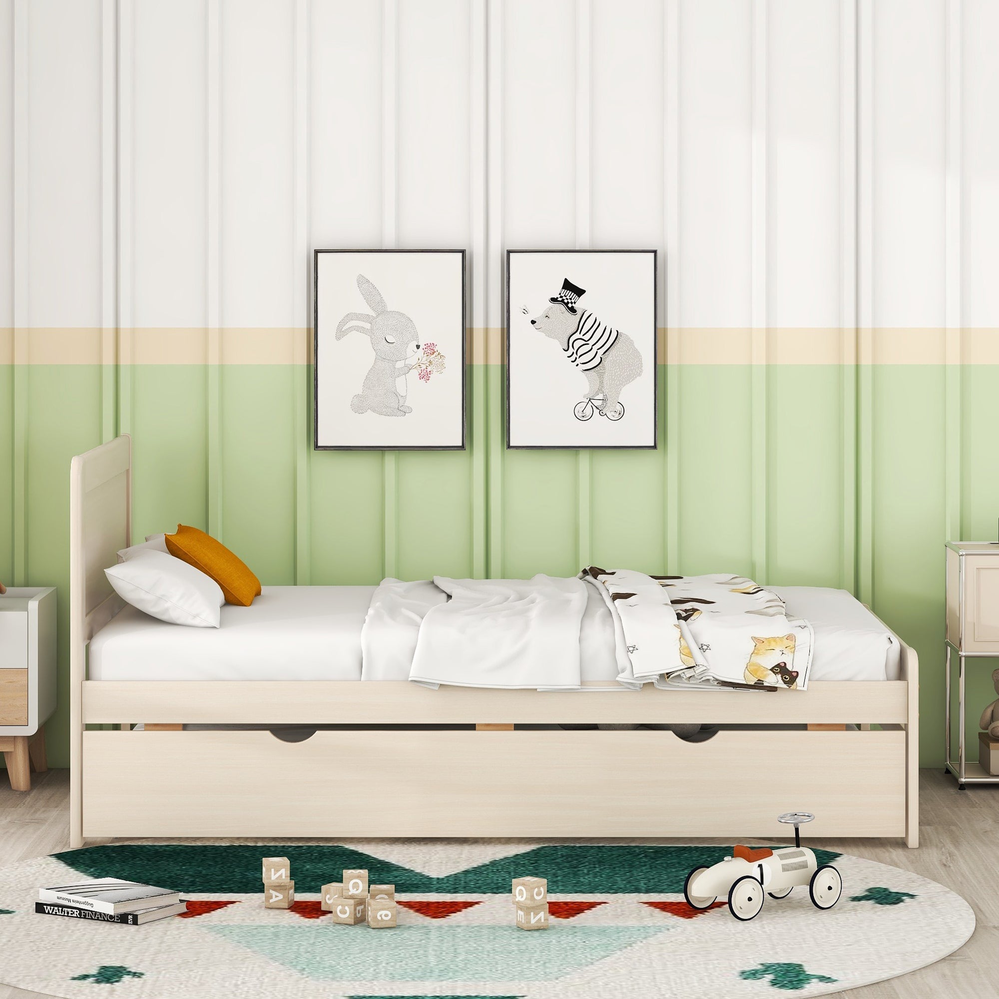 HAOYYE Modern Design Twin Size Platform Bed Frame with Trundle for White Washed Color Sturdy Space-Saving Heavy Duty Easy Assembly Durable Stylish Home Furniture Versatile
