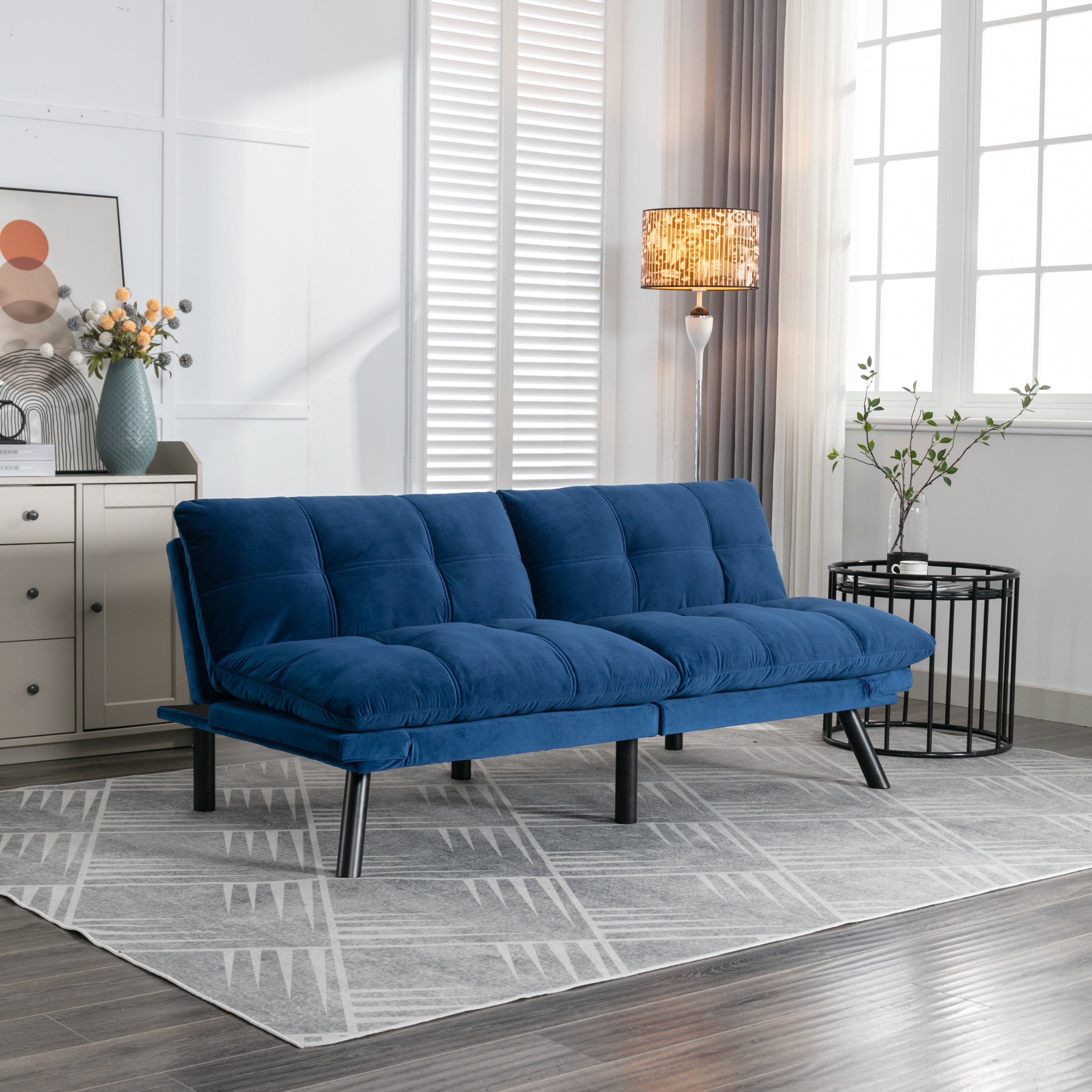 HAOYYE Navy Blue Convertible Folding Modern Sofa Bed Sturdy Space-Saving Heavy Duty Modern Design for Adults Dorm Room Easy Assembly Bedroom Furniture