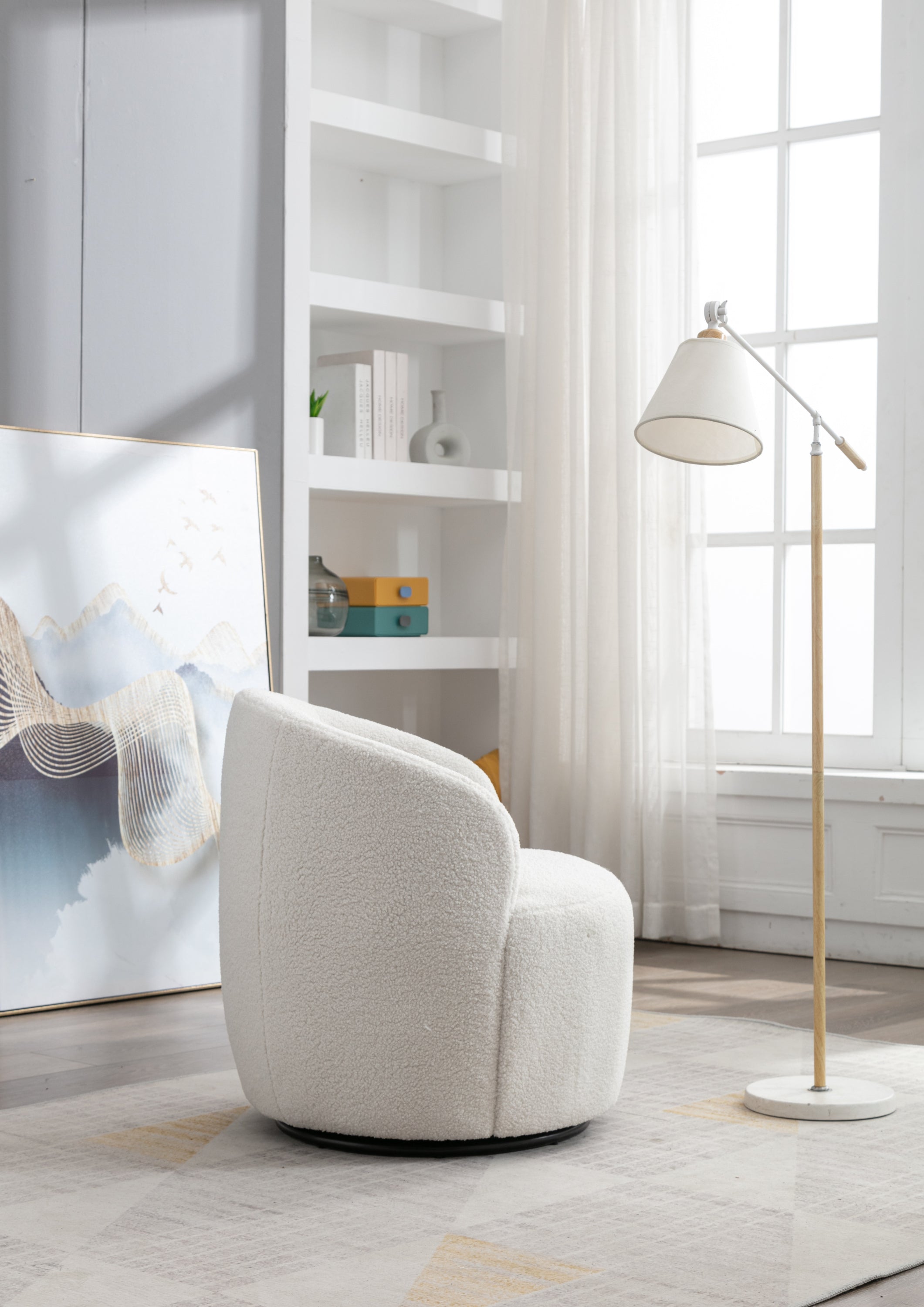 HAOYYE Teddy Fabric Swivel Accent Armchair Barrel Chair With Black Powder Coating Metal Ring,Ivory White Sturdy Space-Saving Heavy Duty Modern Design Easy Assembly Durable Stylish Home Furniture Versatile