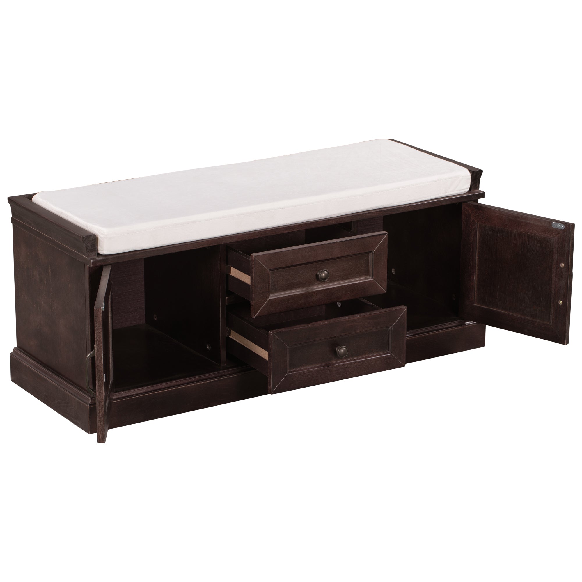 HAOYYE Storage Bench with 2 Drawers and Cabinets, Shoe Bench with Removable Cushion for Living Room, Entryway, Sturdy Space-Saving Heavy Duty Construction, Espresso Finish, Modern Design for Adults and Dorm Rooms