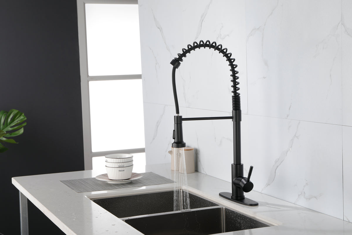 Haoyye Spring Kitchen Faucet with Pull-Out Sprayer, Stainless Steel Single Handle High Arc Sink Faucet with 360° Swivel, Anti-Corrosion Finish, Modern Space-Saving Design, Easy to Install and Clean for Home, Apartment, or Utility Kitchen