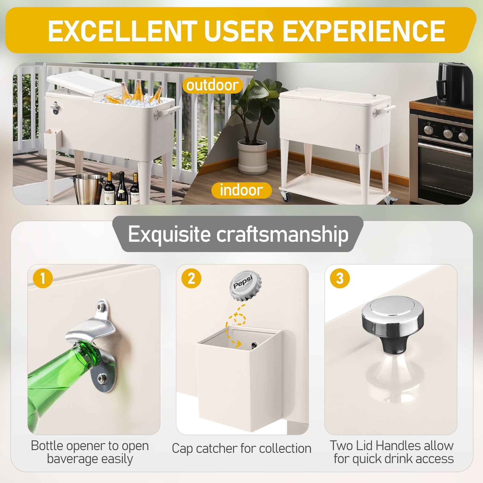 HAOYYE Milk White Rolling Cooler Cart Outdoor Beverage Tub with Bottle Opener Cap Catcher Insulated Ice Chest on Wheels Locking Casters for Patio Pool Party BBQ Camping