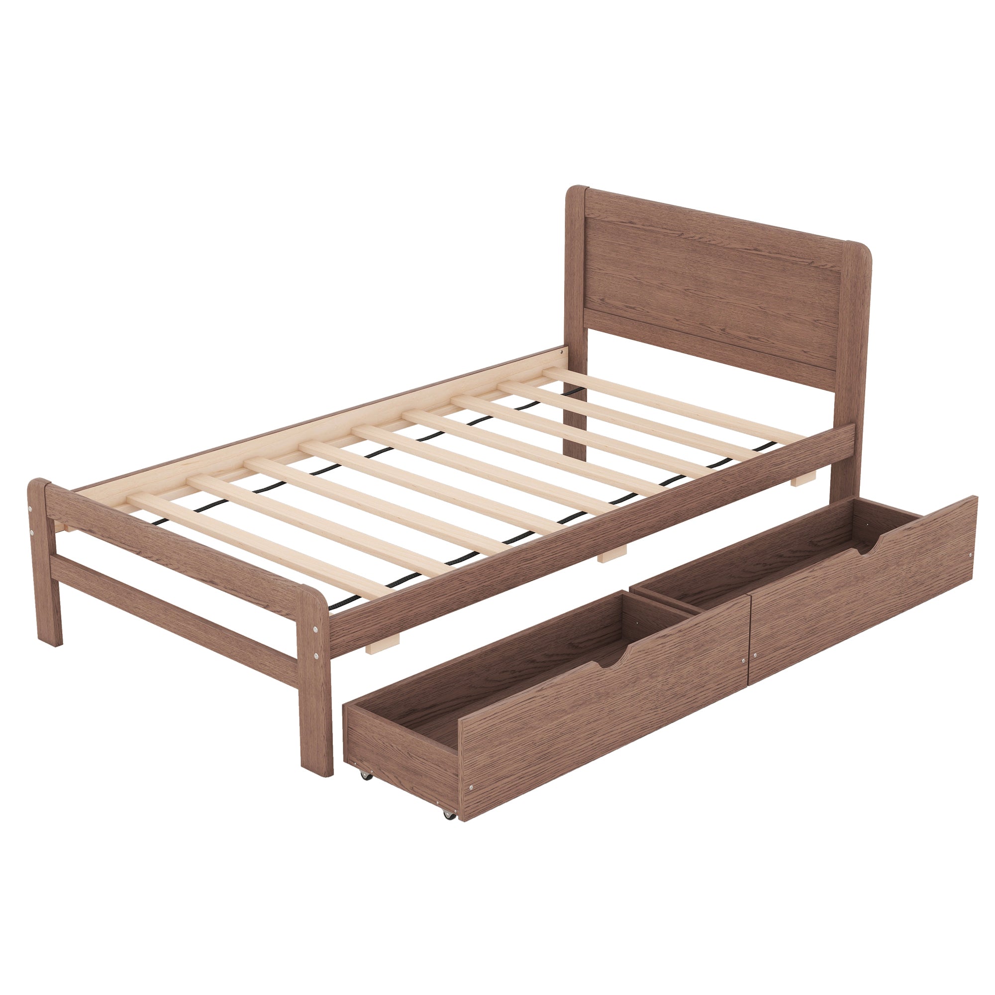 HAOYYE Modern Twin Size Platform Bed Frame With 2 Drawers, Walnut Finish, Space-Saving Heavy Duty Construction, Ideal For Adults And Dorm Rooms, Easy Assembly Bedroom Furniture