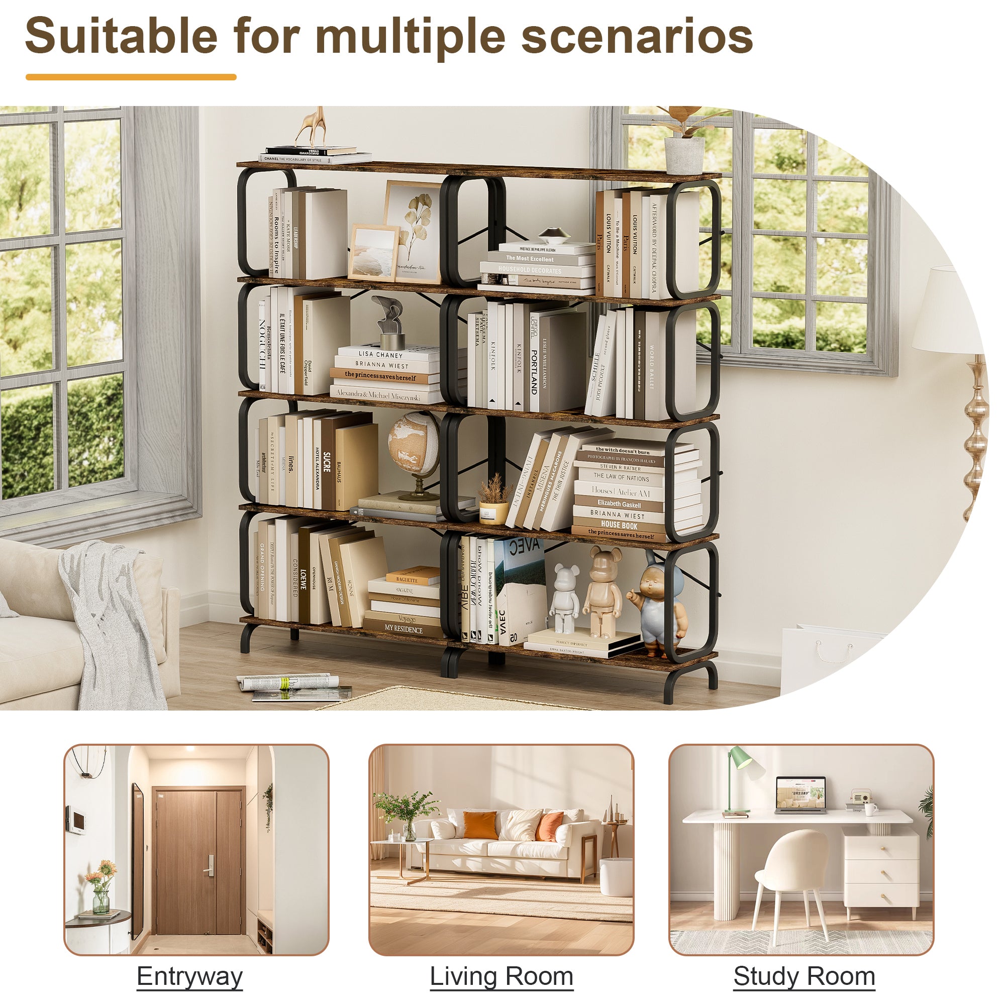 HAOYYE 5 Tier Large Book Shelf, Bookcase Home Office Open Bookshelf,Shelves for Living Room, Office Shelf,Vintage Industrial Style Bookshelf with Metal Frame,Rustic Brown Sturdy Space-Saving Heavy Duty