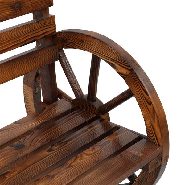 HAOYYE Rustic 2-Person Wooden Wagon Wheel Bench with Slatted Seat and Backrest, Durable Outdoor Bench for Patio, Garden, or Backyard, Comfortable and Stylish, Perfect for Relaxing and Enjoying the Outdoors