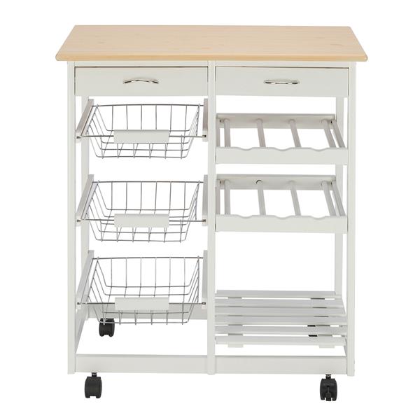 HAOYYE Moveable Kitchen Island Cart with Two Drawers, Three Metal Baskets, and Two Wine Racks, Sturdy Durable Rolling Storage Cart with White Pine Frame, Easy Assembly, Space-Saving, Ideal for Home Kitchens or Dining Rooms