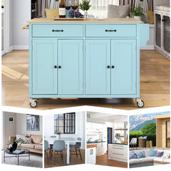 HAOYYE Kitchen Island Cart, Mint Green, with Solid Wood Top, 4-Door Cabinet, 2 Drawers, Adjustable Shelves, Spice Rack, Towel Bar, and 2 Locking Wheels. Modern, Space-Saving, Sturdy Heavy Duty Design for Easy Assembly and Versatile Use