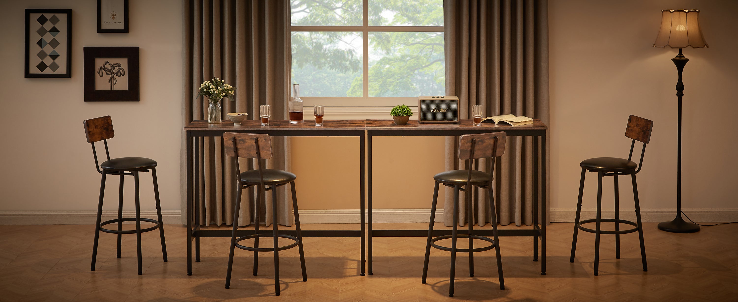 HAOYYE Bar Table Set with 2 Bar stools PU Soft seat with backrest, Rustic Brown, 43.31'' L x 15.75'' W x 35.43'' H. Sturdy Space-Saving Heavy Duty Modern Design Adults Dorm Room Easy Assembly