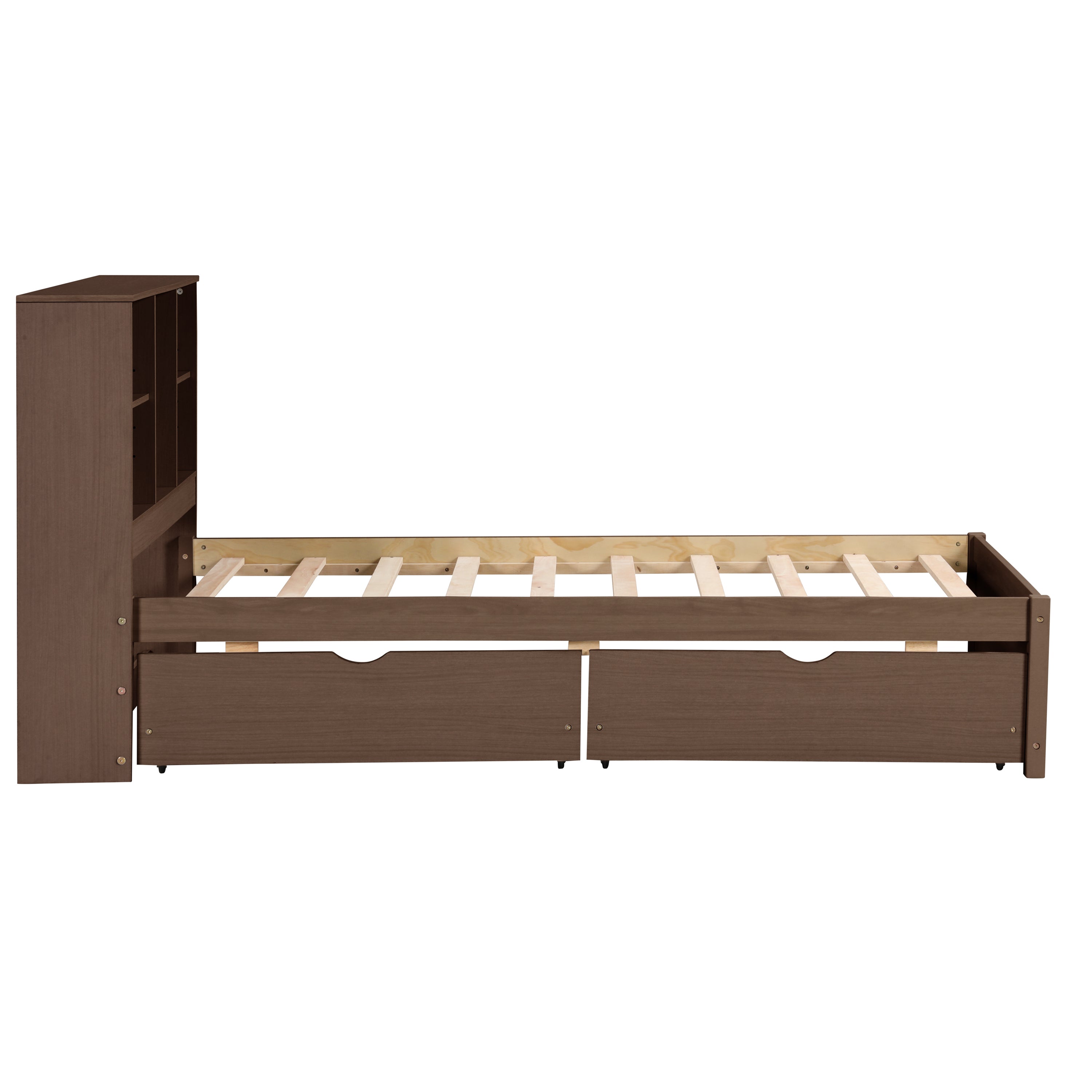HAOYYE Twin Bed Frame with USB Port, Bookcase Headboard and Storage Drawers, Walnut Finish, Sturdy Space-Saving Design, Heavy Duty, Easy Assembly, Ideal for Bedroom and Dorm Room