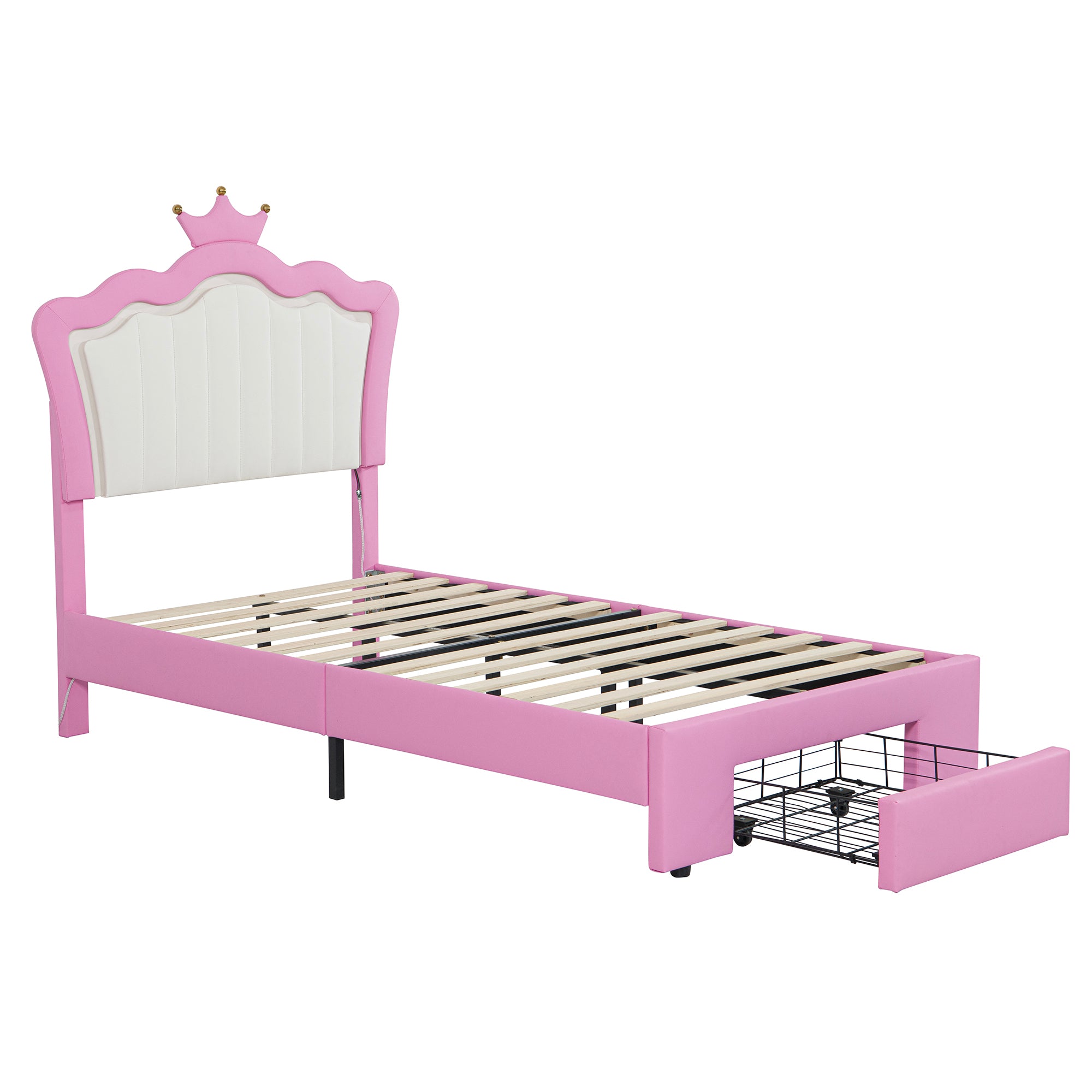 HAOYYE Twin Size Upholstered Bed Frame With LED Lighting, Modern Princess Bed With Crown Headboard And Storage Drawer, Pink And White, Sturdy Space-Saving Heavy Duty Design For Adults And Dorm Rooms