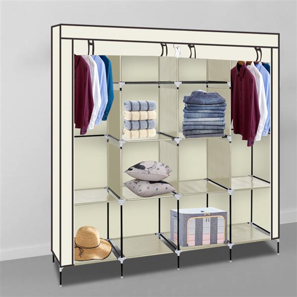 HAOYYE Portable Clothes Closet Wardrobe with 12 Shelves and 4 Side Pockets, Beige Non-Woven Fabric Storage Organizer for Small Rooms and Walk-In Closets
