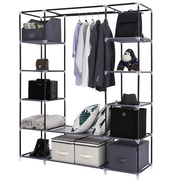 DE Direct HAOYYE Portable Clothes Closet Wardrobe Storage Organizer with Non-Woven Fabric Cover Strong Steel Frame and 12 Shelves Quick Easy Assembly Dustproof Freestanding Garment Rack for Bedroom Entryway