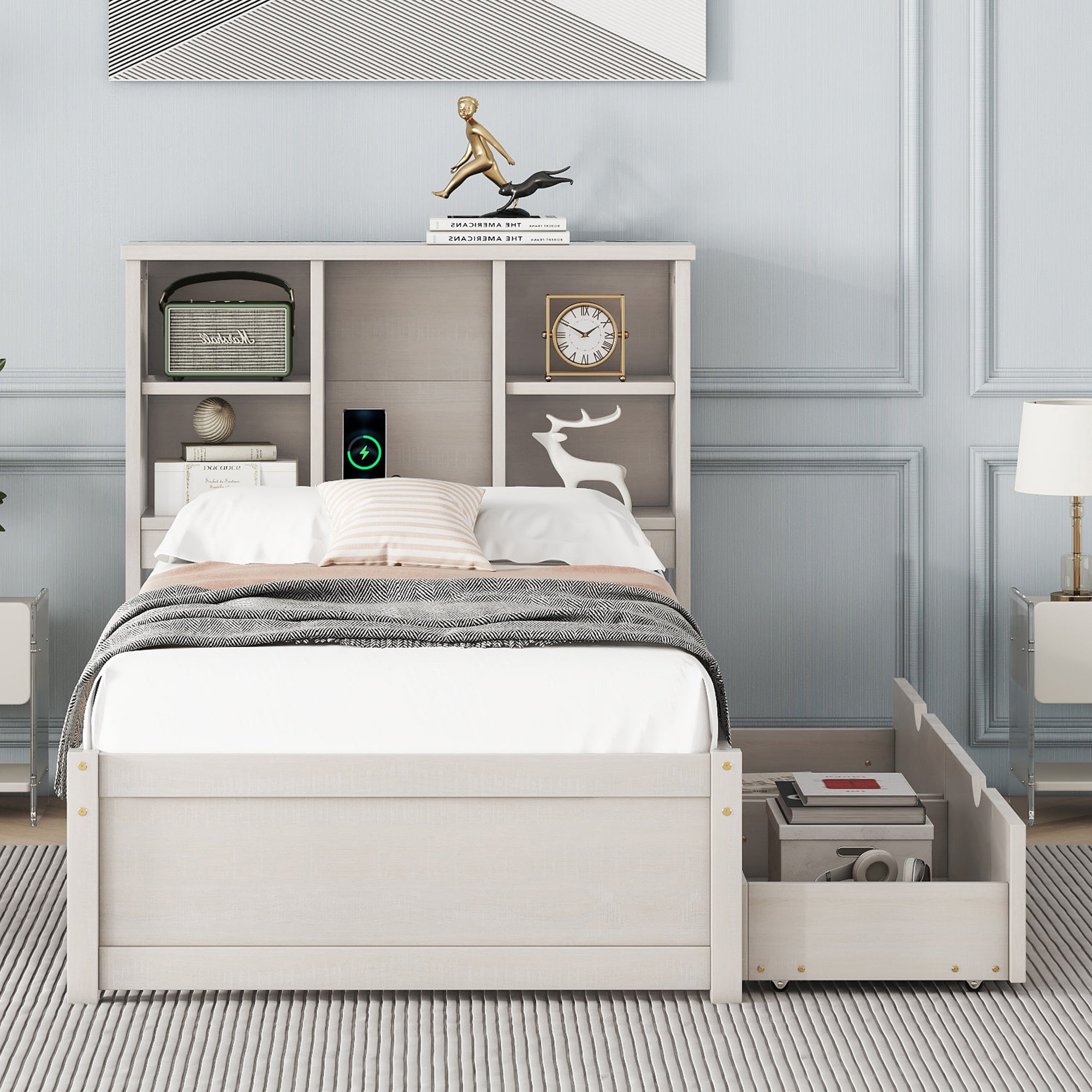 HAOYYE Modern Twin Size Bed Frame with Built-In USB Port on Bookcase Headboard and Two Drawers for White Washed Color, Sturdy Space-Saving Design, Heavy Duty Construction, Easy Assembly, Durable and Stylish Home Furniture