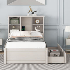 HAOYYE Modern Twin Size Bed Frame with Built-In USB Port on Bookcase Headboard and Two Drawers for White Washed Color, Sturdy Space-Saving Design, Heavy Duty Construction, Easy Assembly, Durable and Stylish Home Furniture