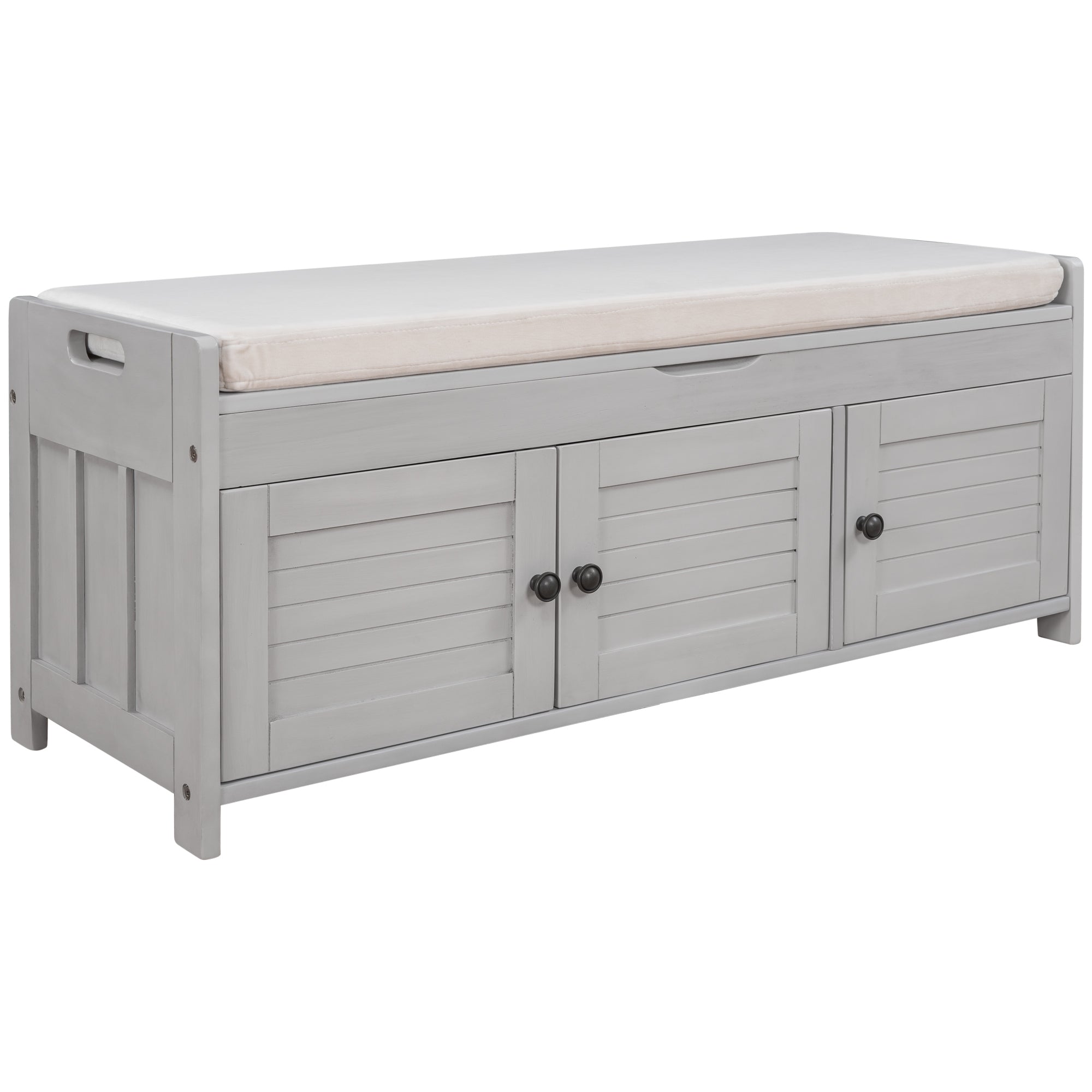 HAOYYE Storage Bench with 3 Shutter-shaped Doors, Shoe Bench with Removable Cushion and Hidden Storage Space (Gray Wash, OLD SKU: WF284226AAE) Sturdy Space-Saving Heavy Duty Modern Design Adults
