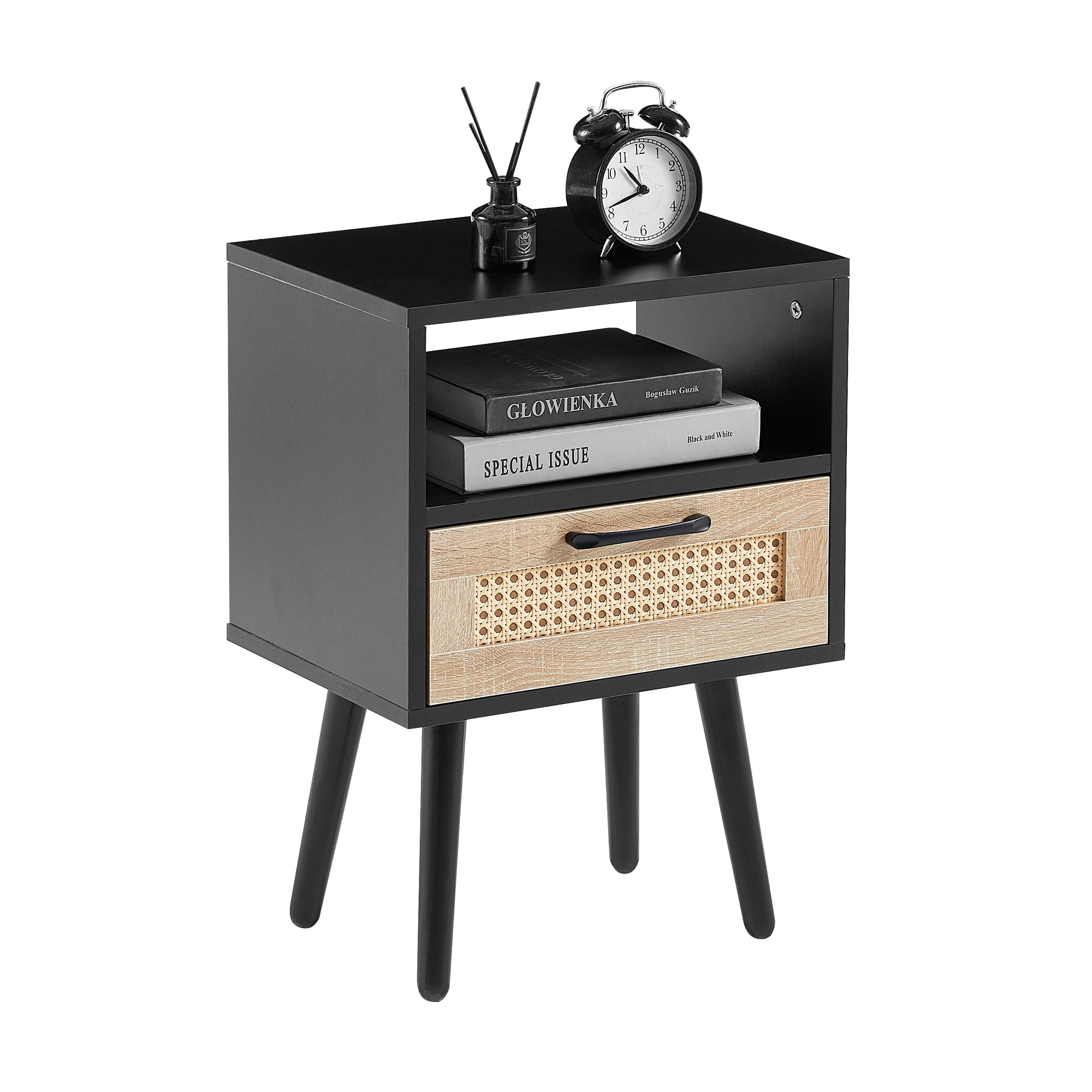 HAOYYE Rattan End Table with Drawer and Solid Wood Legs, Modern Nightstand, Side Table for Living Room, Bedroom, Black, Sturdy and Space-Saving Design, Heavy Duty Construction, Easy Assembly for Adults and Dorm Rooms