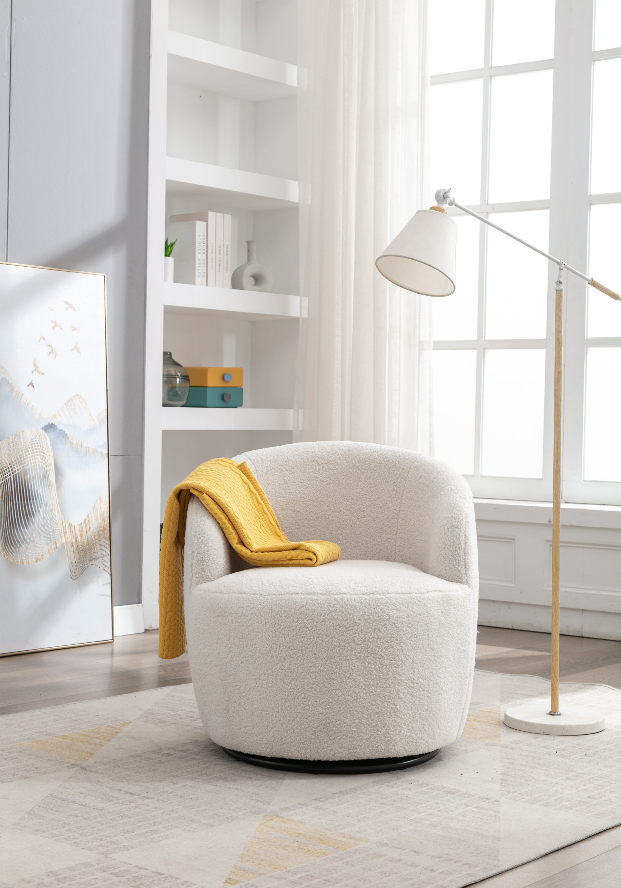 HAOYYE Teddy Fabric Swivel Accent Armchair Barrel Chair With Black Powder Coating Metal Ring,Ivory White Sturdy Space-Saving Heavy Duty Modern Design Easy Assembly Durable Stylish Home Furniture Versatile