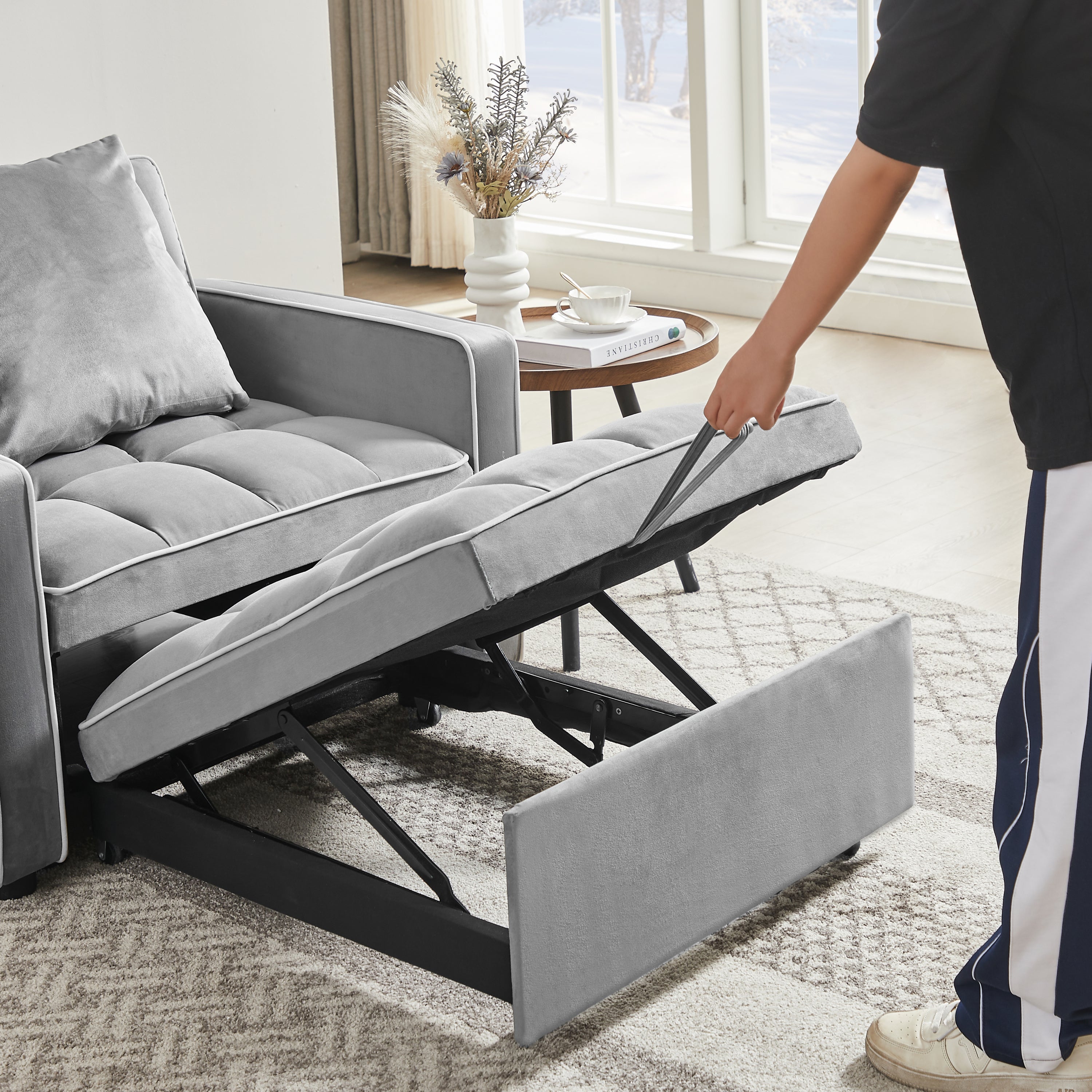 HAOYYE Three-in-One Sofa Bed Chair Grey Folding Adjustable Back Recliner Single Bed Comfortable Modern Sturdy Space-Saving Heavy Duty Design Adults Dorm Room