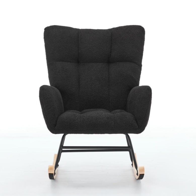 Haoyye Black Modern Nursery Rocking Chair with High Backrest, Soft Teddy Upholstered Glider Accent Armchair with Solid Wood Legs, Gentle Rocker for Bedroom, Living Room, or Nursery, Sturdy and Space-Saving Design for Adults
