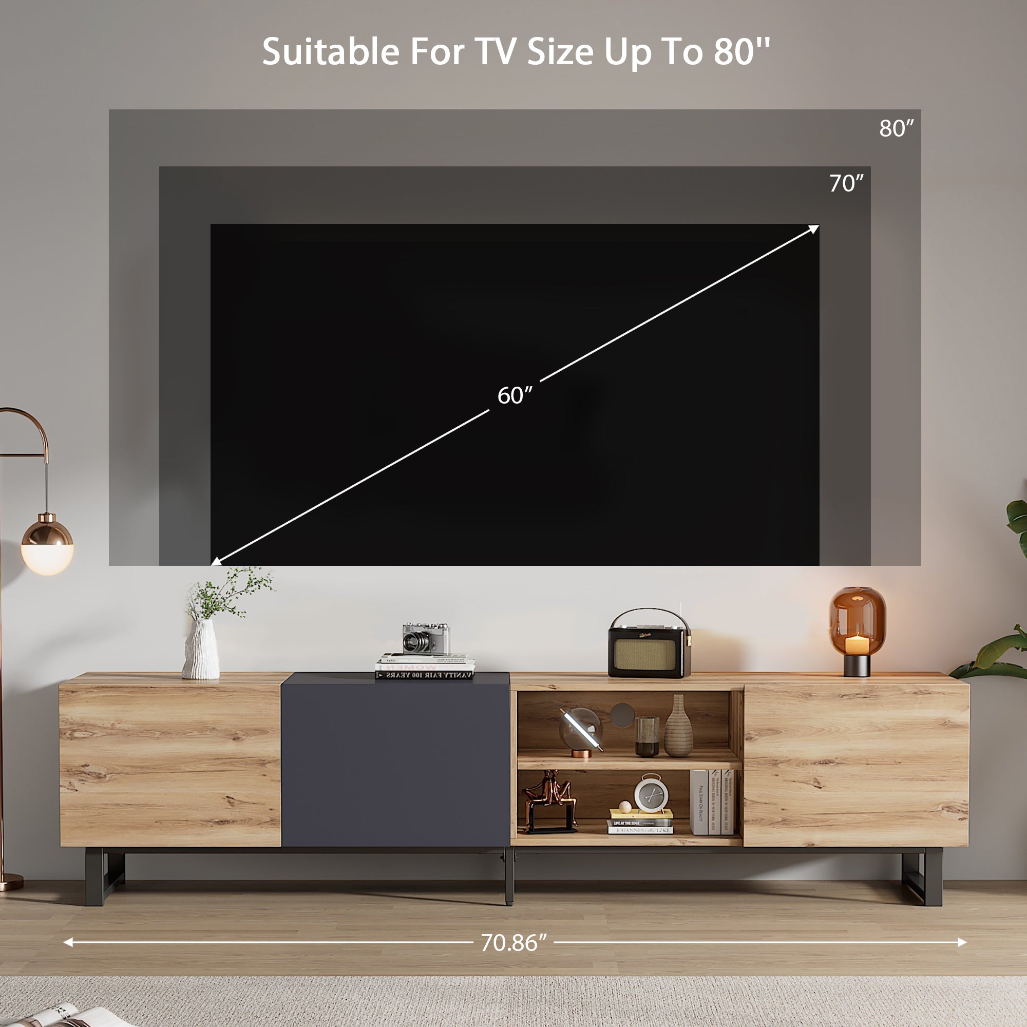HAOYYE Modern TV Stand with 3 Cabinets and Open Shelves, Color-Matched Media Console Table for TVs up to 80 Inches, Entertainment Center with Drop Down Door for Living Room, Bedroom, and Home Theatre, Sturdy, Space-Saving Heavy Duty Design