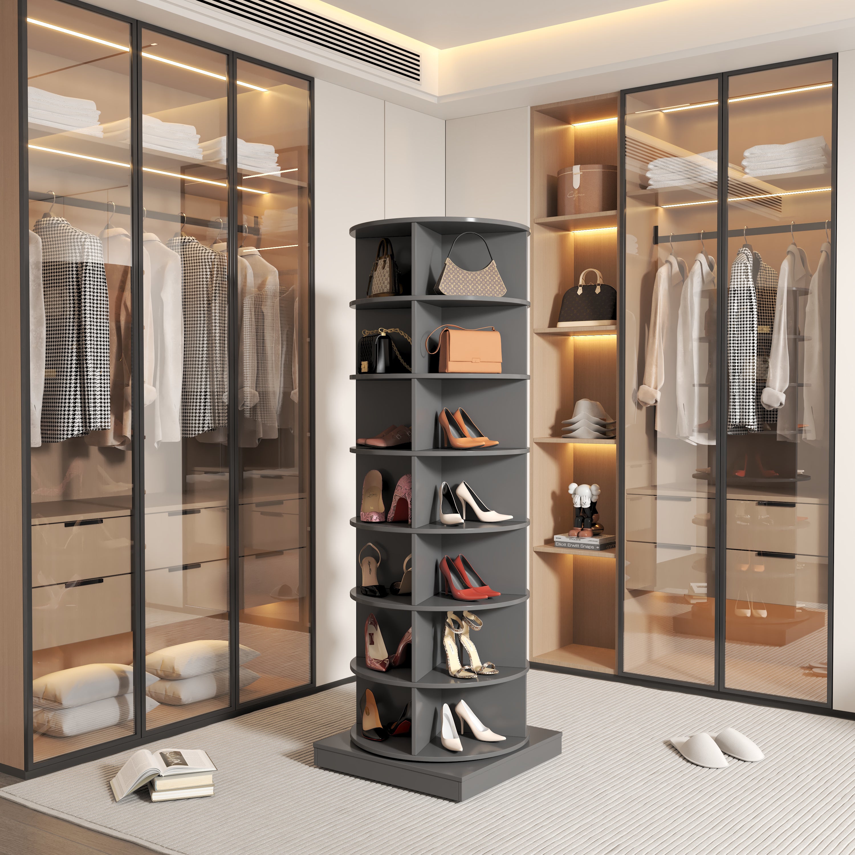 HAOYYE New 360 gray rotating shoe cabinet with 7 layers can accommodate up to 28 Paris shoes Sturdy Space-Saving Heavy Duty Modern Design Adults Dorm Room Easy Assembly Bedroom Furniture
