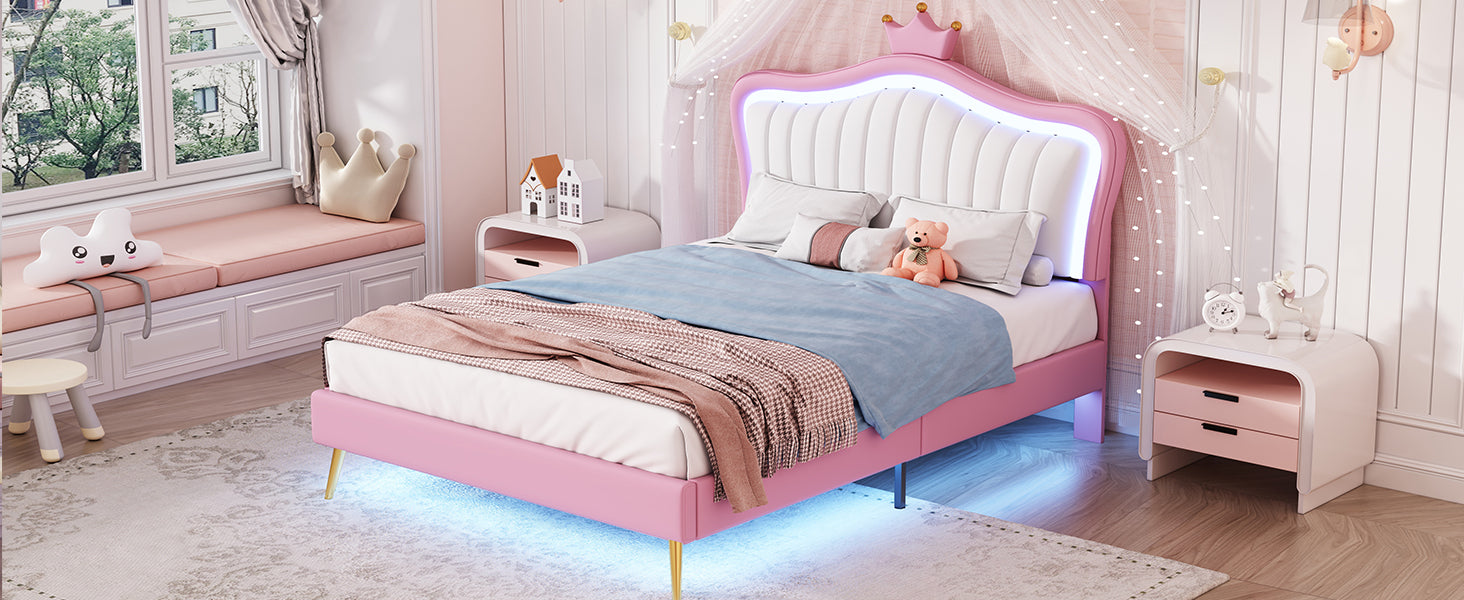 HAOYYE Twin Size Upholstered Bed Frame with LED Lights, Modern Upholstered Princess Bed With Crown Headboard,White+Pink Sturdy Space-Saving Heavy Duty Modern Design Adults Dorm Room Easy Assembly