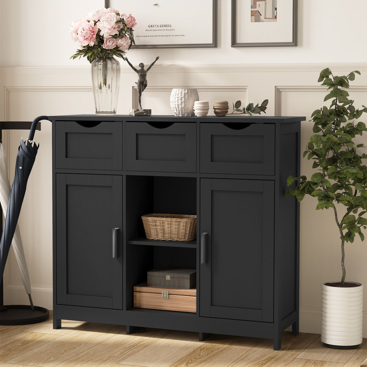 HAOYYE Storage Cabinet With Drawers And Shelves, Black Wooden Floor Cabinet, Accent Cabinet For Living Room, Bedroom, Or Bathroom, Sturdy Modern Space-Saving Heavy Duty Design