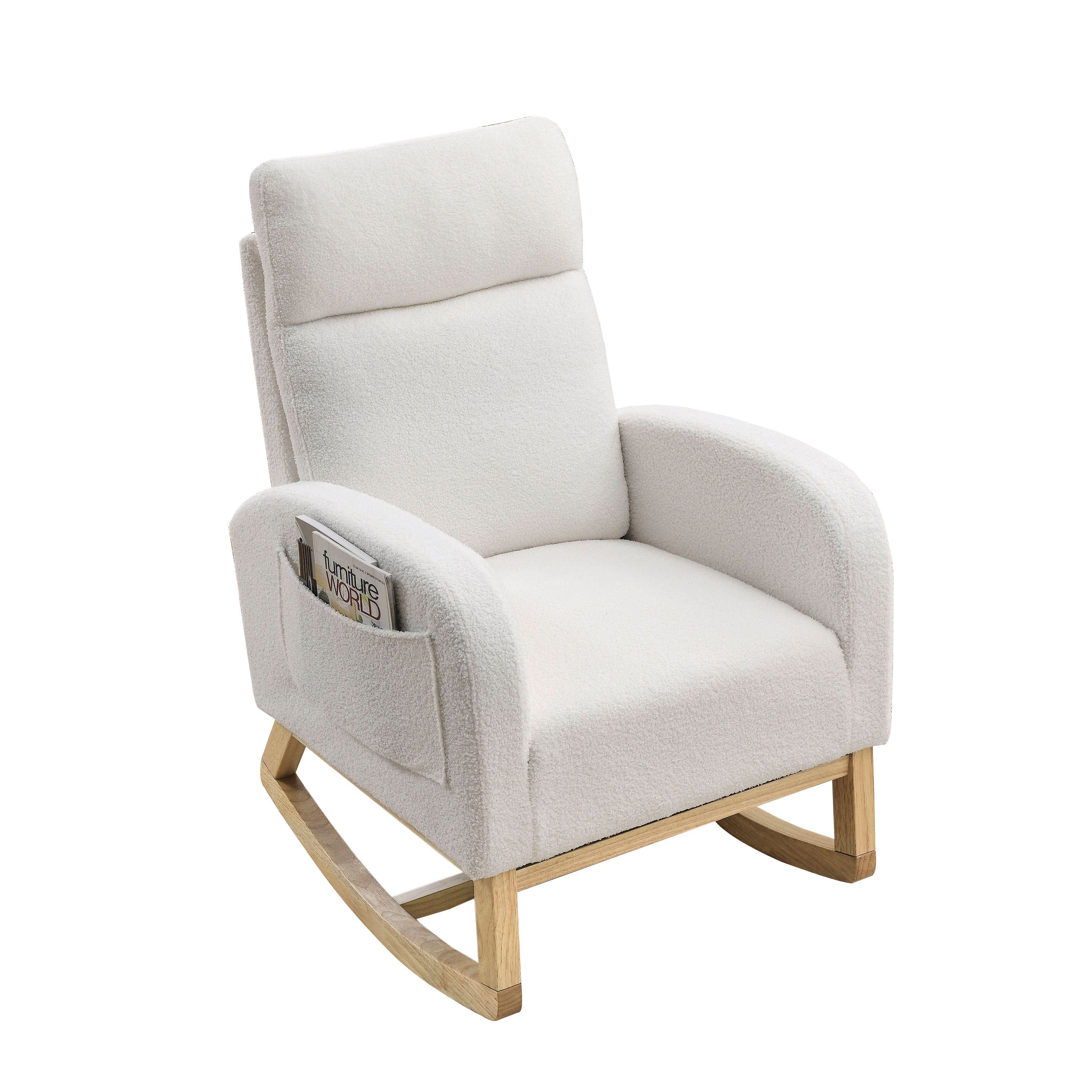 HAOYYE 27.6"W Modern Accent High Backrest Living Room Lounge Arm Rocking Chair, Two Side Pocket ,Teddy White (Ivory) Sturdy Space-Saving Heavy Duty Modern Design Adults Dorm Room
