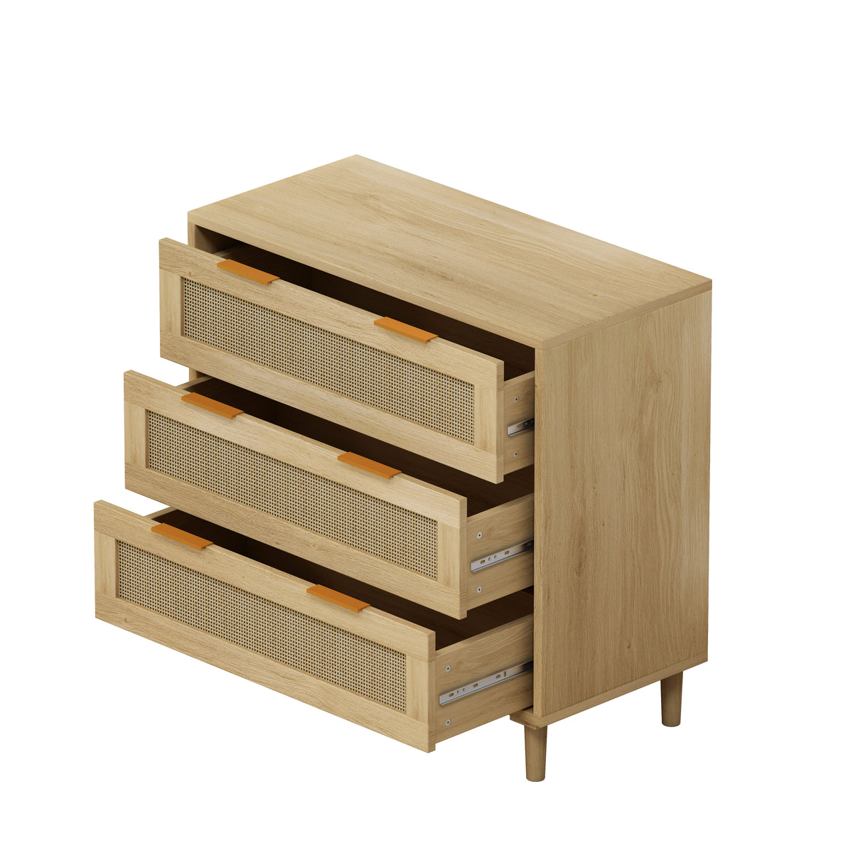 HAOYYE 31.50-Inch 3-Drawer Rattan Storage Cabinet for Bedroom, Living Room, Dining Room, and Hallways, Oak Finish, Sturdy Space-Saving Heavy Duty Modern Design, Easy Assembly for Adults and Dorm Rooms