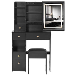 HAOYYE Small Size Left Drawer Desktop Vanity Table + Cushioned Stool, Touch Control Sliding LED Mirror, Tri-color Switching, Brightness Adjust, Multi Layer, Suitable for Small Space, EPA,GCC,UL Certificate