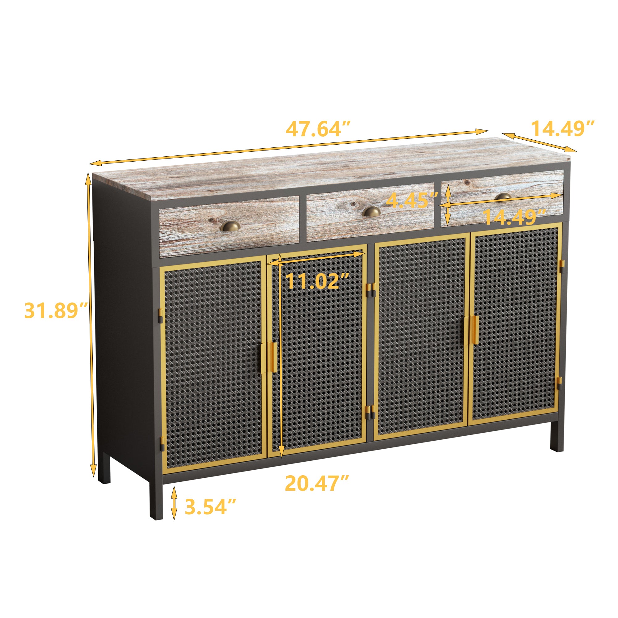 HAOYYE Modern Sideboard With 4 Doors And 3 Top Drawers, Freestanding Storage Cabinet For Entryway, Living Room, Office, Or Bedroom, Sturdy Space-Saving Heavy Duty Design