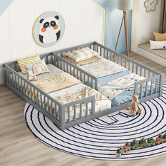 HAOYYE Double Twin Floor Bed with Fence, Guardrails, without door, Grey Sturdy Space-Saving Heavy Duty Modern Design Easy Assembly Durable Stylish Home Furniture Versatile