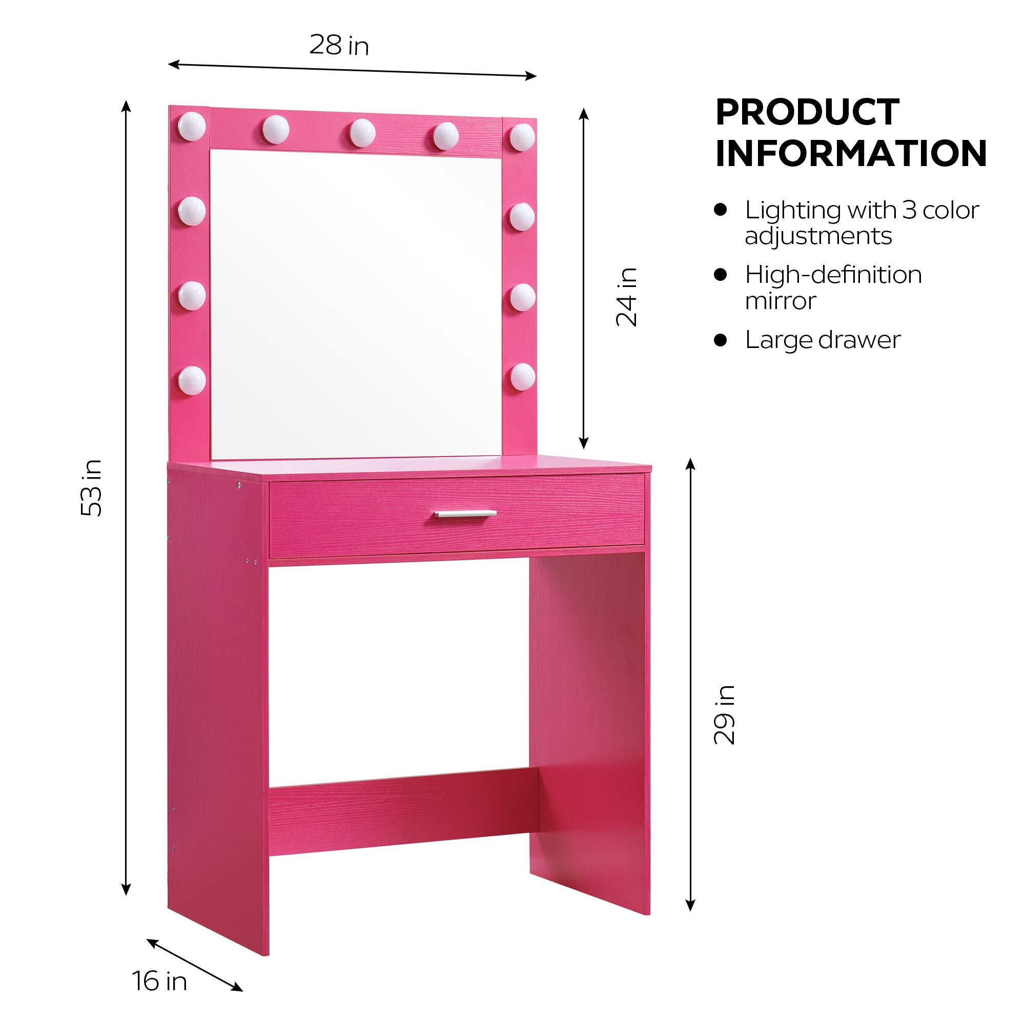 HAOYYE Vanity Desk with Mirror and Lights, Dressing Table with Large Drawer, 1 Level Storage Dresser & 3 Lighting Modes Adjustable Brightness, Suitable for Bedroom(Pink)