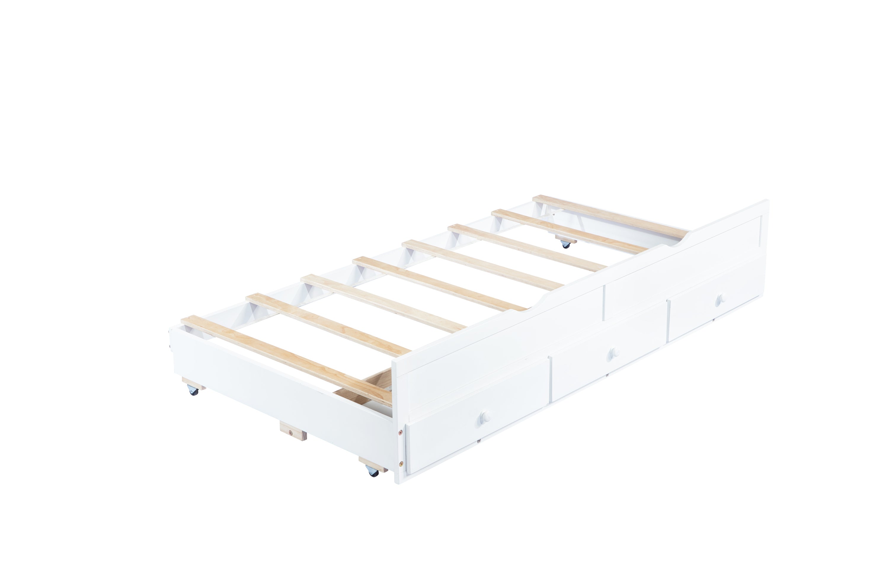 HAOYYE Twin Bed with Headboard, Footboard, Trundle and Storage Drawers, Pine Wood Twin Size Bed, White, Sturdy Space-Saving Heavy Duty Construction, Ideal for Adults and Dorm Rooms