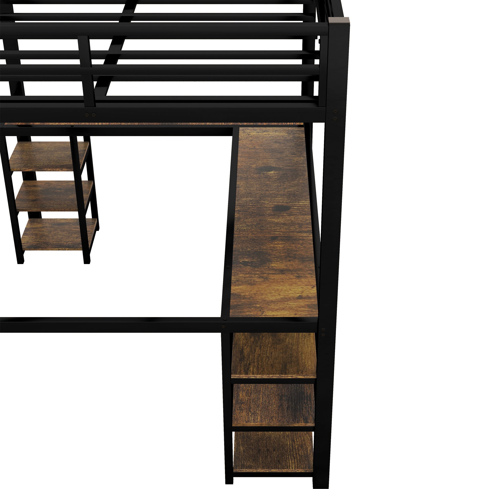 HAOYYE Full Metal Loft Bed with Desk and Shelves, Loft Bed with Ladder and Guardrails, Loft Bed Frame for Bedroom, Black with Vintage wood-colored desk Sturdy Space-Saving Heavy Duty Modern Design