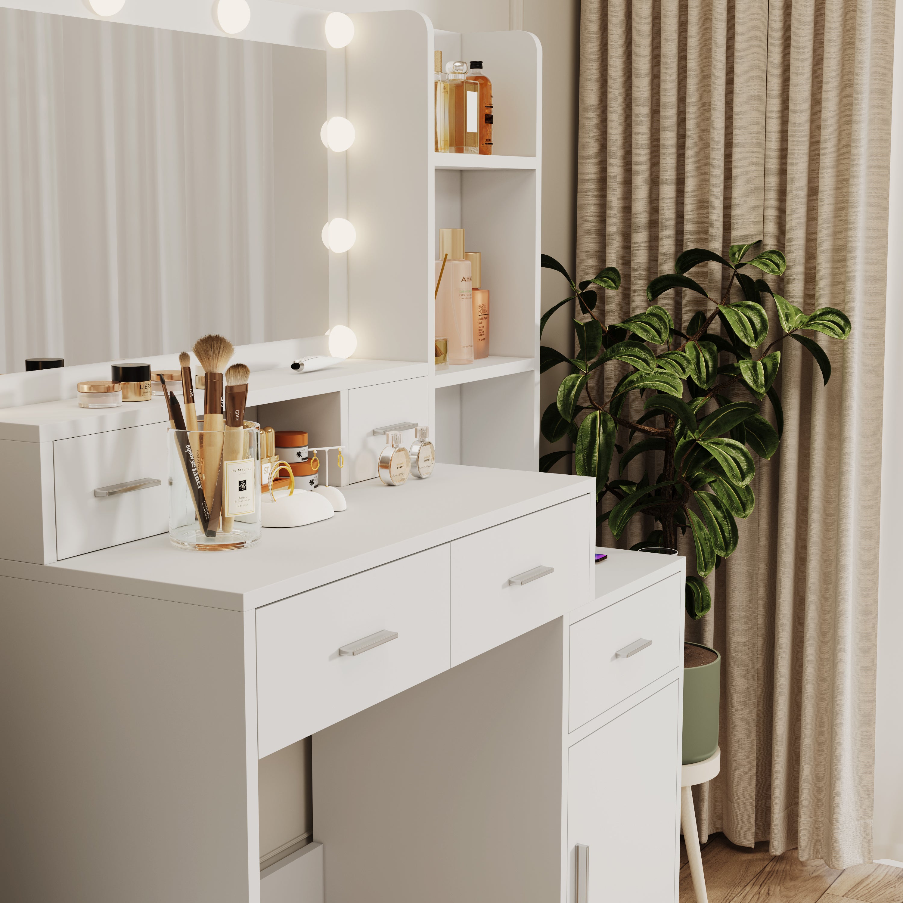 HAOYYE The white vanity with a mirror is equipped with a hair dryer rack, while the vanity in the bedroom and dressing room comes with a dressing pad