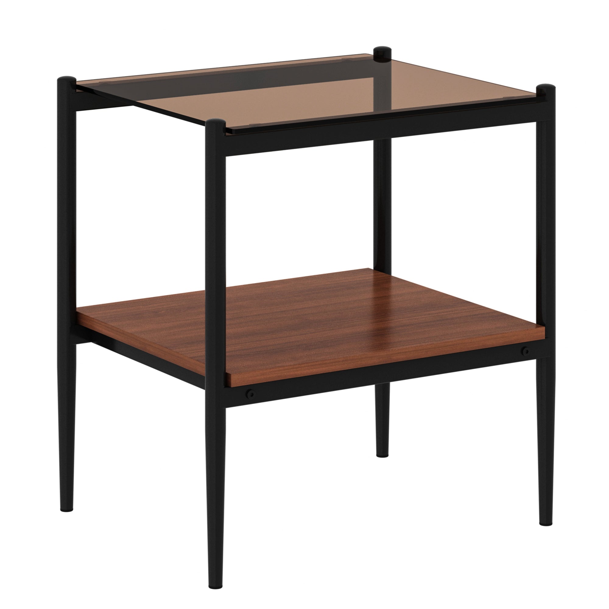 HAOYYE Modern Rectangle End Table Set of 2, Tempered Glass Tabletop With MDF Layer, Sturdy Space-Saving Heavy Duty Side Table For Living Room, Brown Finish, Easy Assembly