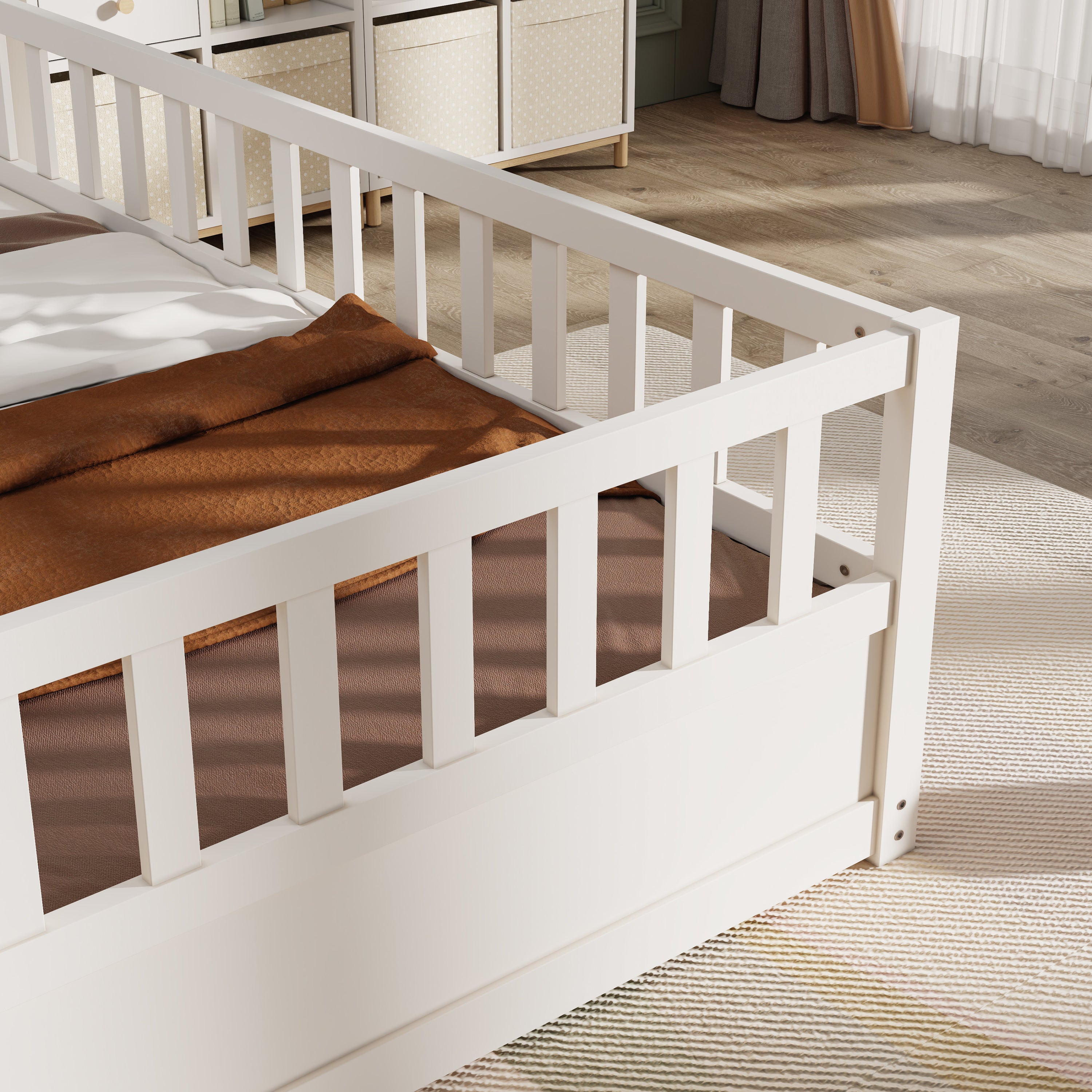 HAOYYE Twin Size Floor bed, integral construction with super high security barrier, door, 's floor bed frame, Montessori wooden 's floor bed, white Sturdy Space-Saving Heavy Duty Adults