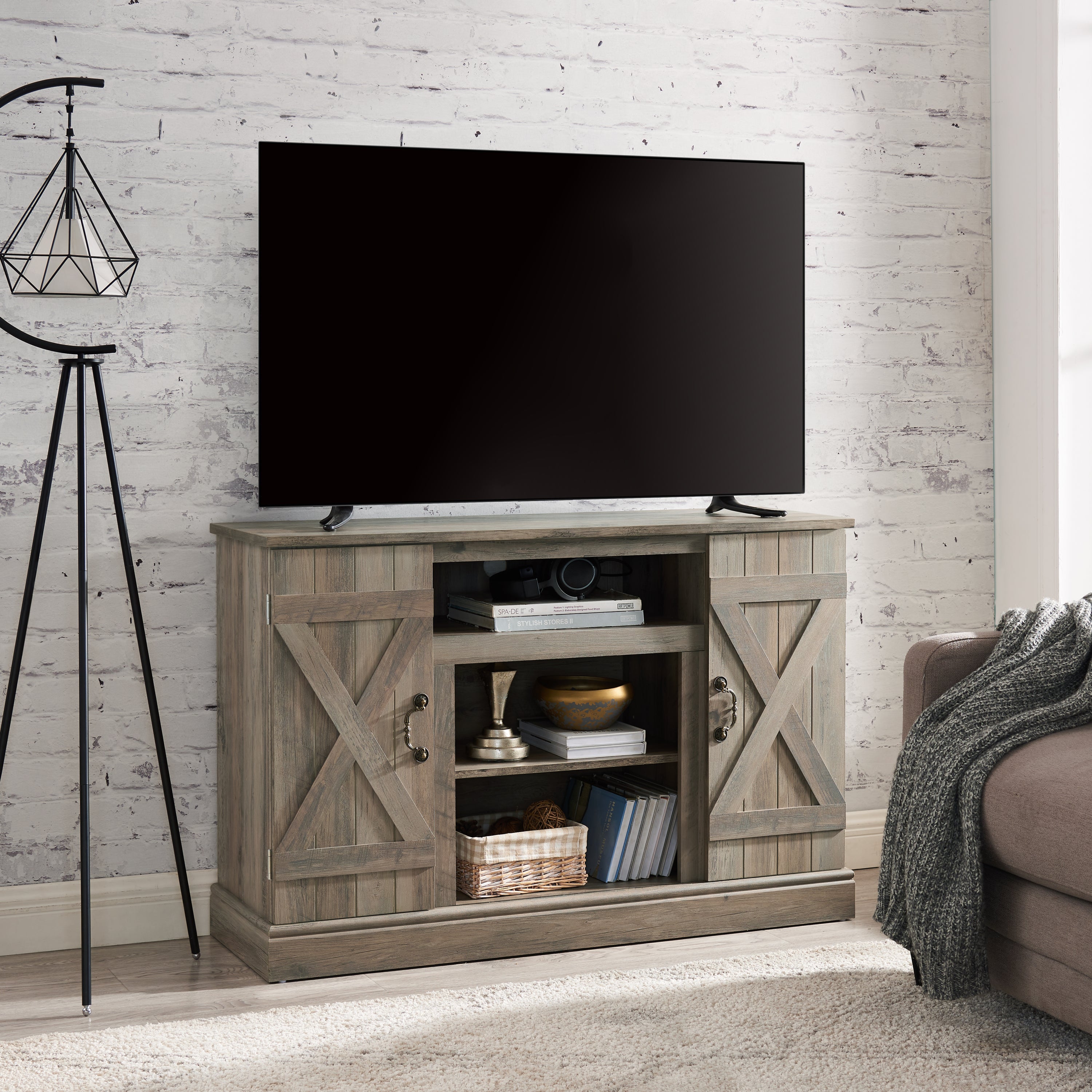 HAOYYE Farmhouse Classic Media TV Stand Antique Entertainment Console for TV up to 50" with Open and Closed Storage Space, Gray Wash, 47"W*15.5"D*30.75"H Sturdy Space-Saving Heavy Duty Modern Design
