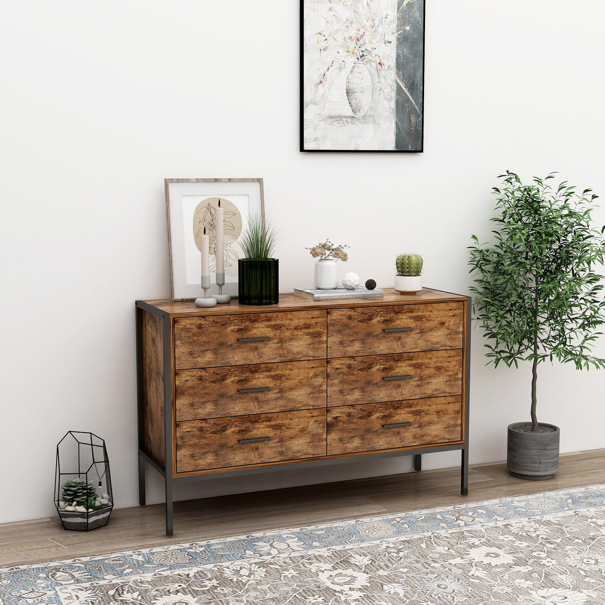 HAOYYE Industrial Style 6-Drawer Double Dresser, Rustic Brown Wooden Storage Organizer With Sturdy Steel Frame, Space-Saving Storage Cabinet For Bedroom And Living Room