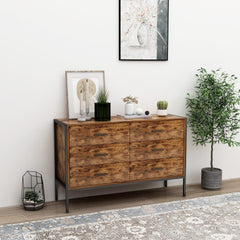 HAOYYE Industrial Style 6-Drawer Double Dresser, Rustic Brown Wooden Storage Organizer With Sturdy Steel Frame, Space-Saving Storage Cabinet For Bedroom And Living Room