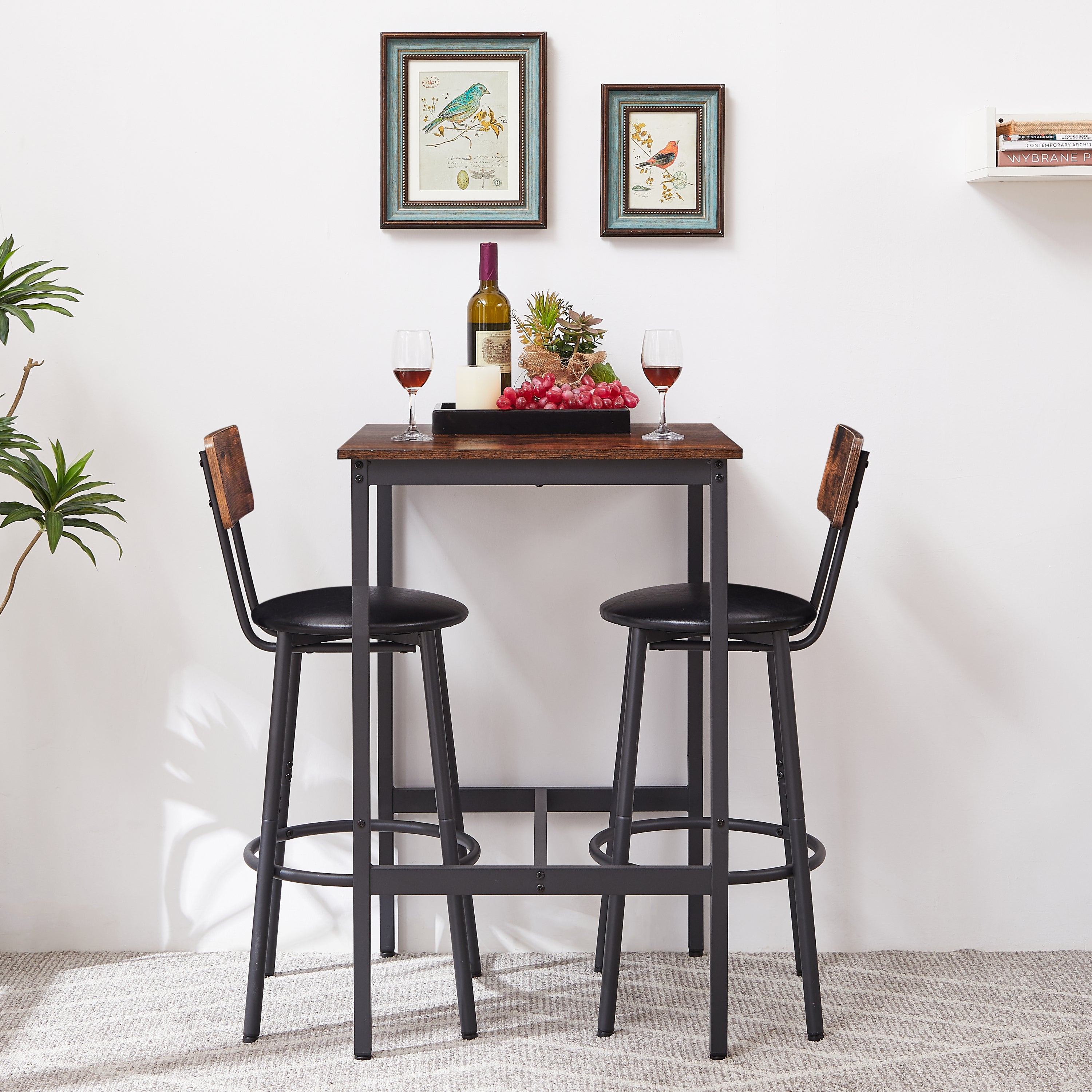 HAOYYE Bar Table Set with 2 Bar stools PU Soft seat with backrest, Rustic Brown, 23.62'' W x 23.62'' D x 35.43'' H Sturdy Space-Saving Heavy Duty Modern Design Adults Dorm Room Easy Assembly