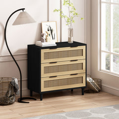 HAOYYE 3-Drawer Rattan Storage Cabinet for Bedroom, Living Room, Dining Room, Hallways, Black, Sturdy Space-Saving Heavy Duty Modern Design, Easy Assembly, Durable, Stylish Home Furniture