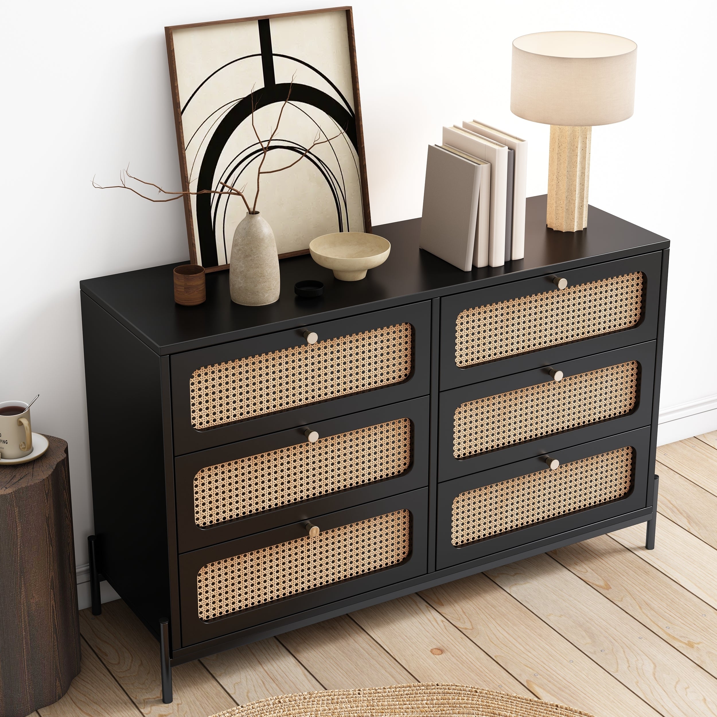 HAOYYE Modern Rattan Wood 6-Drawer Dresser, Storage Cabinet With Cannage Design, Versatile Sideboard For Bedroom, Living Room, Entryway, Or Hallway, Black, Sturdy Space-Saving Heavy Duty Design