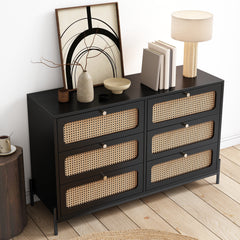 HAOYYE Modern Rattan Wood 6-Drawer Dresser, Storage Cabinet With Cannage Design, Versatile Sideboard For Bedroom, Living Room, Entryway, Or Hallway, Black, Sturdy Space-Saving Heavy Duty Design